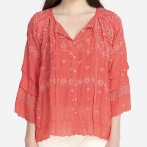 Johnny Was Coral Pink Embroidered Button-Front Blouse